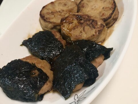 豚ひき肉の磯辺焼きand蓮根で挟み焼き